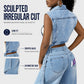 Women Sleeveless High Slit Denim Vest Dress Longline Jean Jacket
