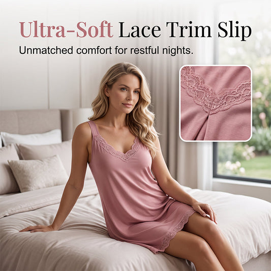 🛏️ Women's Lace V-Neck Nightdress — Soft Modal Chemise with Adjustable Spaghetti Straps