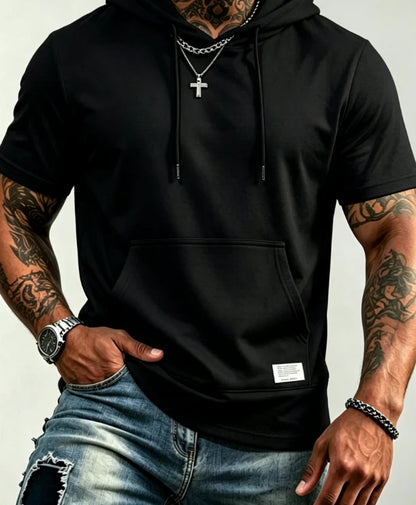 Athletic Men's Hooded Short Sleeve T-Shirt Breathable Polyester Gym Running Top