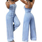 Women Spaghetti Strap Wide Leg Denim Jumpsuit