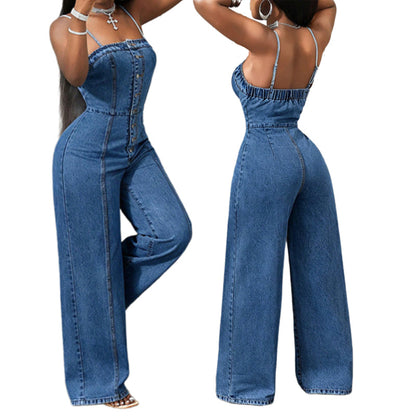 Women Spaghetti Strap Wide Leg Denim Jumpsuit