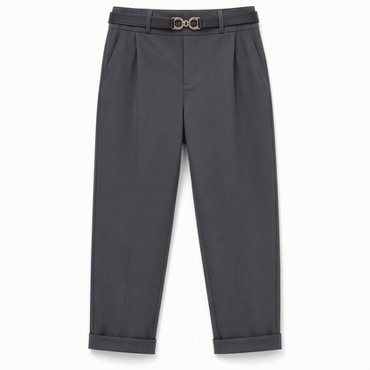 Women's Pleated Tapered Ankle Pants with Metallic Double Ring Accent Belt and Semi Elastic Waistband