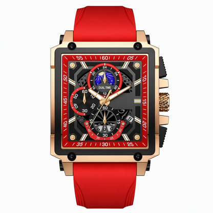 Men's Square Quartz Watch with Silicone Strap Hollow Dial and Calendar Business Casual Wristwatch