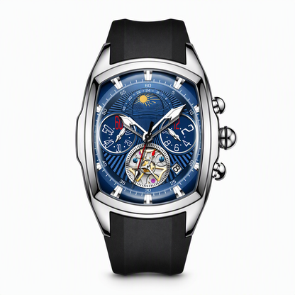 Men's Tonneau Quartz Chronograph Watch with Skeleton Flywheel Dial Moon Phase Calendar and Silicone Strap