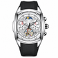 Men's Tonneau Quartz Chronograph Watch with Skeleton Flywheel Dial Moon Phase Calendar and Silicone Strap