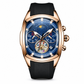 Men's Tonneau Quartz Chronograph Watch with Skeleton Flywheel Dial Moon Phase Calendar and Silicone Strap