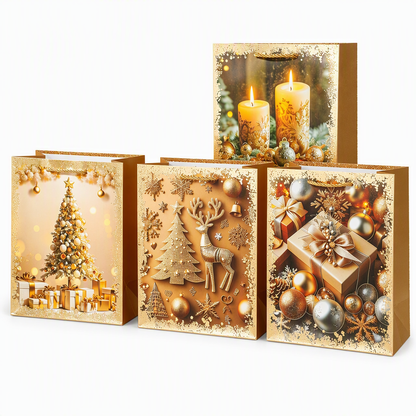 Elegant Christmas Holiday Gift Bag with Handles and Gold Stamped Christmas Tree Design for Gift Packaging