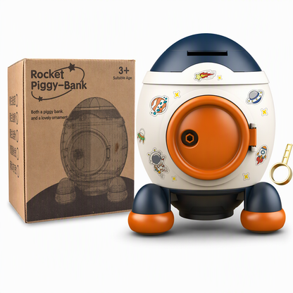 Kids Rocket Piggy Bank Large Capacity Shatterproof Savings Box Toy Gift with Key and Stickers