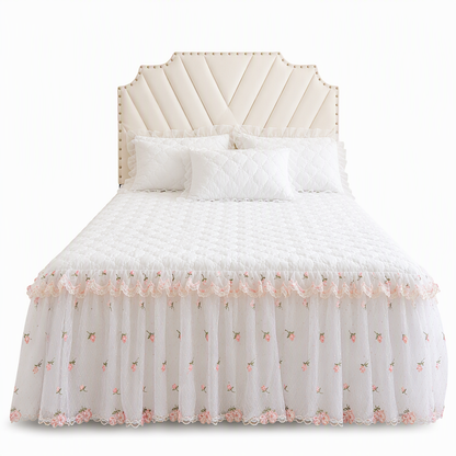 Korean Style Thick Quilted Bed Skirt with Ruffled Lace Trim Brushed Bed Sheet Mattress Cover