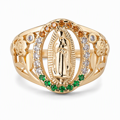 Gold Tone Metal Goddess Portrait and Flower Ring for Women with Oval Colorful Cubic Zirconia Old Money Style