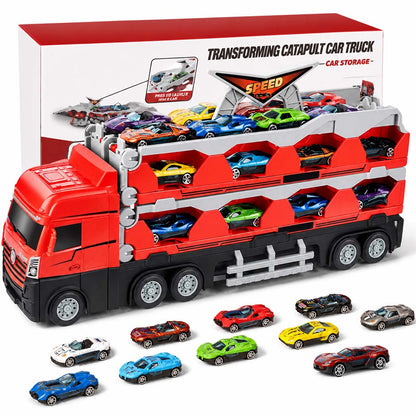 Kids Transforming Storage Carrier Truck Toy with Sound Effects and 207cm Folding Catapult Race Track and Mini Alloy Construction Vehicles