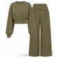 Casual Sporty Autumn Winter Long Sleeve T-Shirt and Loose Cross Waist Wide Leg Pants Two Piece Set