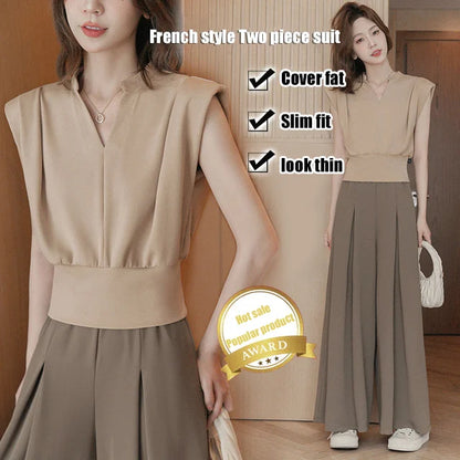 French V-neck Top & Trousers Elegant Two-Piece Set