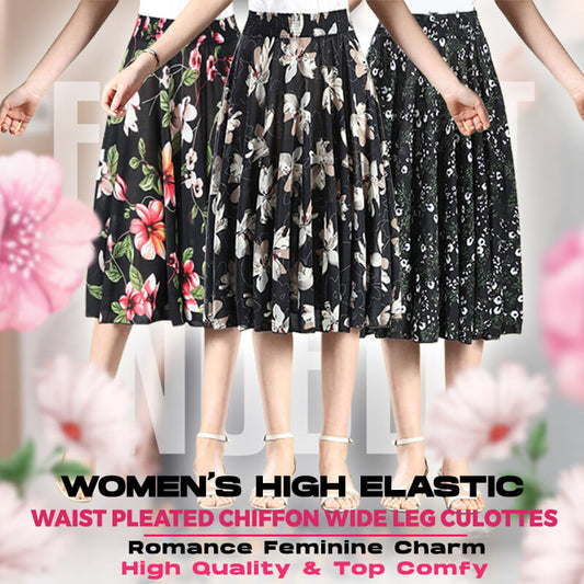 Women's High Elastic Waist Pleated Chiffon Wide Leg Culottes
