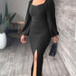 Long Sleeve Square Neck Slit Maxi Dresses