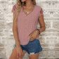 Casual V Neck Linen Lace Breathable T-Shirt Buttoned White Casual T-Shirt