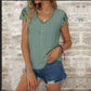 Casual V Neck Linen Lace Breathable T-Shirt Buttoned White Casual T-Shirt