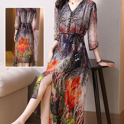 Plus-size loose graceful medium length printed dress