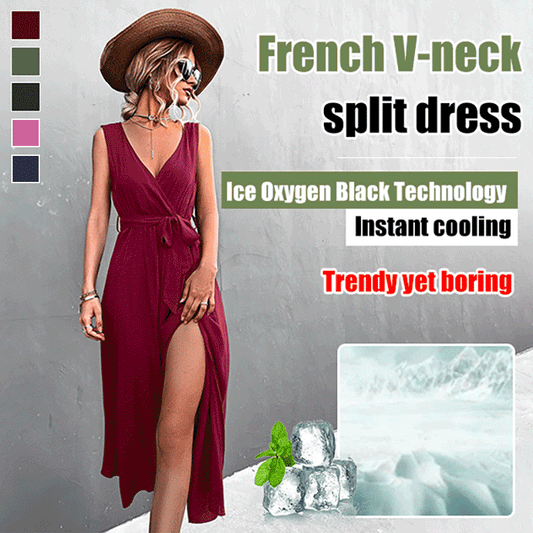 French V-neck Split Dress
