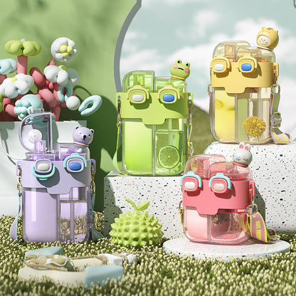 Cute Dual Drink Water Bottle with Straw and Shoulder Strap