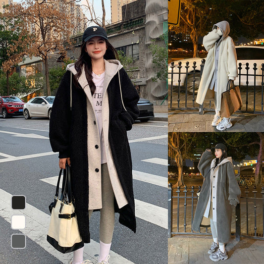 [Best Gift For Her] 2-Layered Faux Lambswool Hooded Coat Jacket