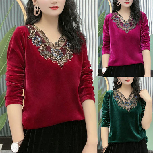 Best Gift for Mom - Elegant Synthetic Golden Velvet V-Neck Women's Top