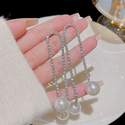 Gift Choice -Full Rhinestone Studded Imitation Pearls Drop Tassel Earings