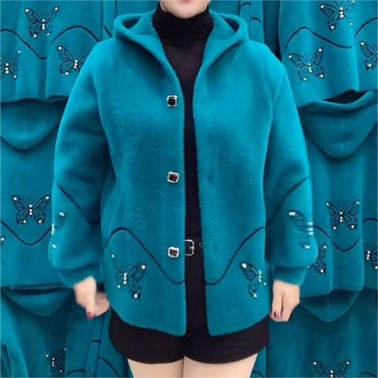 Perfect Gift for Mom - Butterfly Print Faux Mink Hooded Top