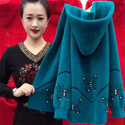 Perfect Gift for Mom - Butterfly Print Faux Mink Hooded Top