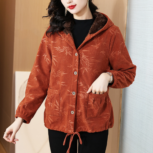 [Best Gift for Mom] Fashionable Botanical Print Soft Warm Hooded Coat