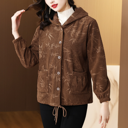 [Best Gift for Mom] Fashionable Botanical Print Soft Warm Hooded Coat
