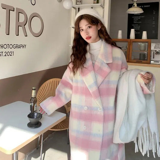 Woman’s Plaid Synthetic Wool Loose Fit Long Coat
