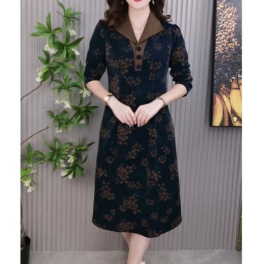Gift Choice - Lapel V-neck Slim Fashion Long Sleeve A-line Dress