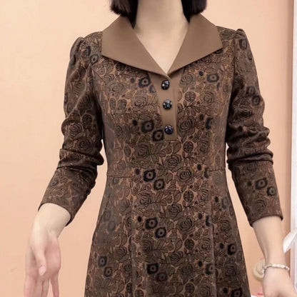 Gift Choice - Lapel V-neck Slim Fashion Long Sleeve A-line Dress