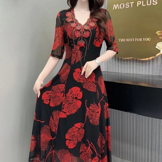 [Best Gift For Her] Women's V-Neck Floral Waist-Slimming Long Dress