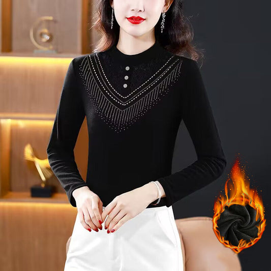 [warm gift] Women's Elegant Plush - lined Lace Bottom Shirt