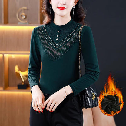 [warm gift] Women's Elegant Plush - lined Lace Bottom Shirt