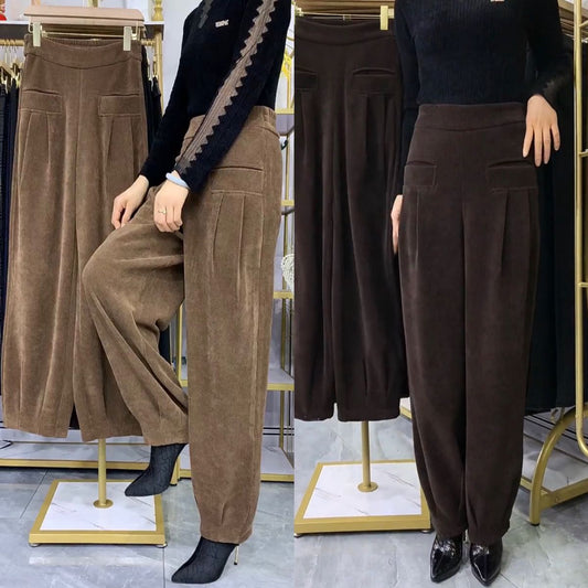 Women’s Vintage High-Waisted Pleated Harem Corduroy Pants
