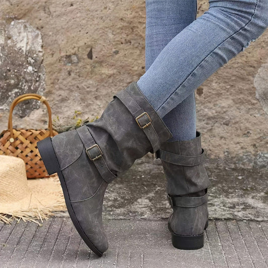 Women's Low Heel Buckle Boots