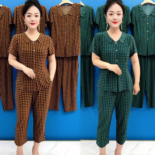 Women's Cooling Plaid Top & Pants 2-Piece Set
